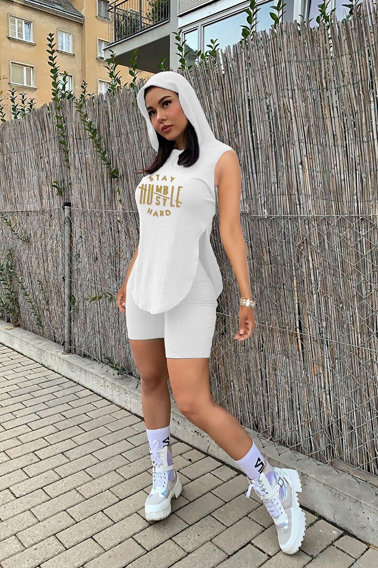 Women's Summer Casual Pit Strip Hood Two Piece Crew Neck Short Sleeve Top and Shorts Pants Printed Fashion Two Piece Set