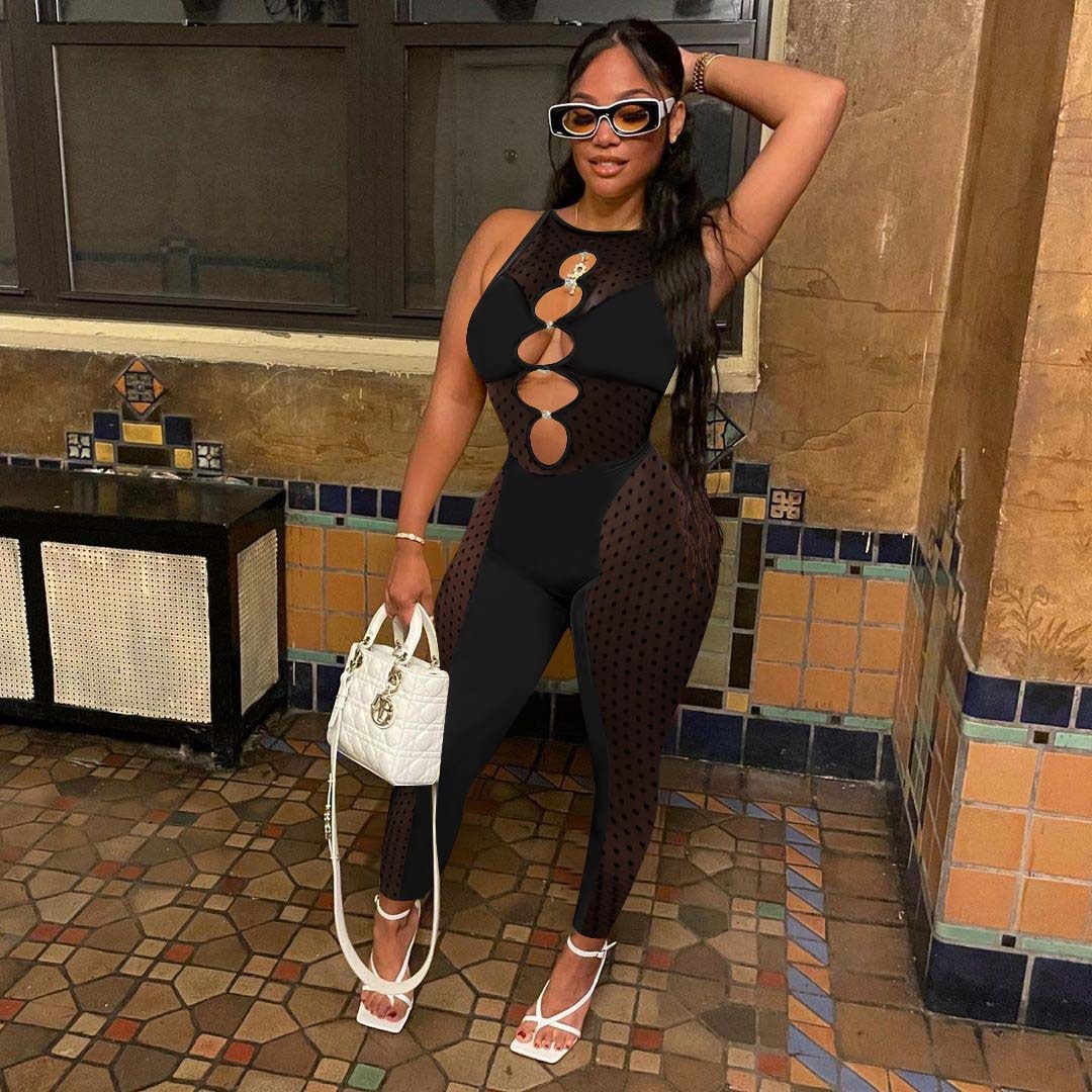 hirigin Mesh Patchwork Women Sleeveless Cut out Jumpsuit Skinny Sexy Streetwear Sportswear Long pant Rompers 2022 Summer Outfits