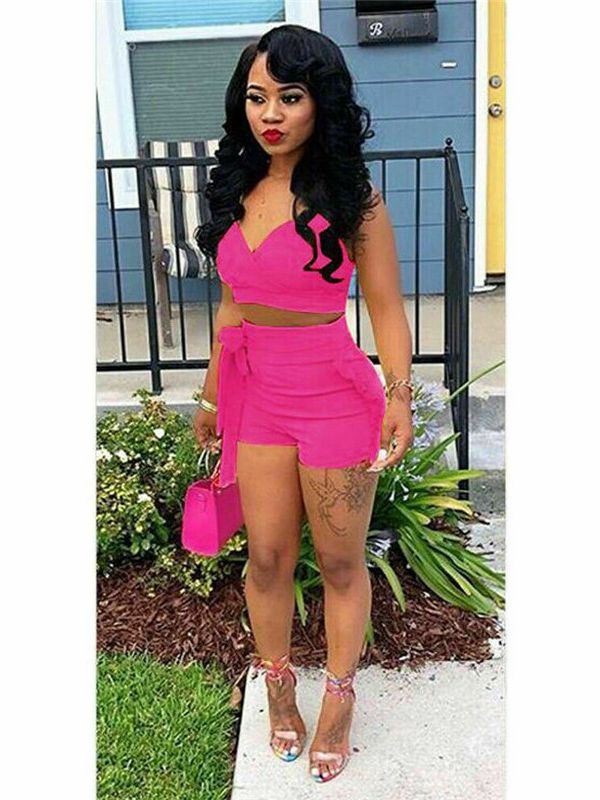 Two Piece Set 2019 Summer women crop tops High Waist Shorts 2pcs Ruffles Bow outfits Ladies Yellow Slim matching Clothes sets