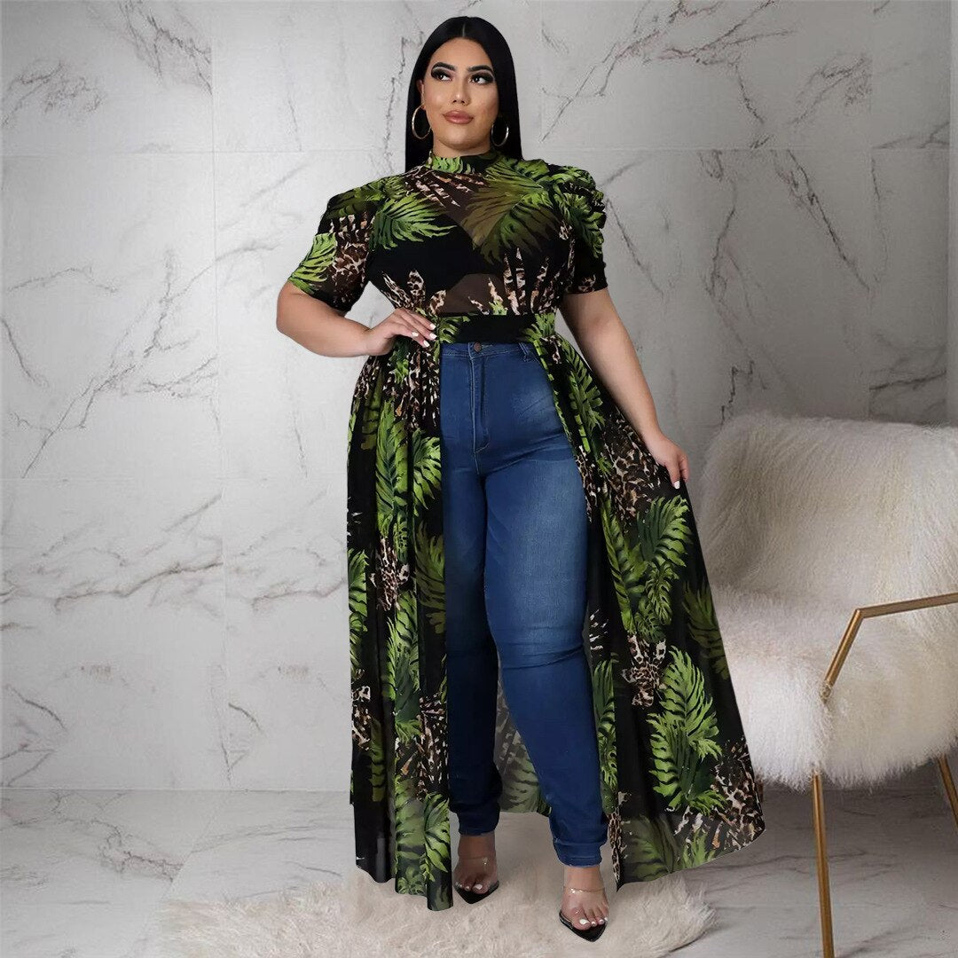 Plus Size Women Elegant Dress Printed Short Sleeve Shirt Summer Mesh Perspective Split Hollow Long Skirt Beach Vacation Clothing