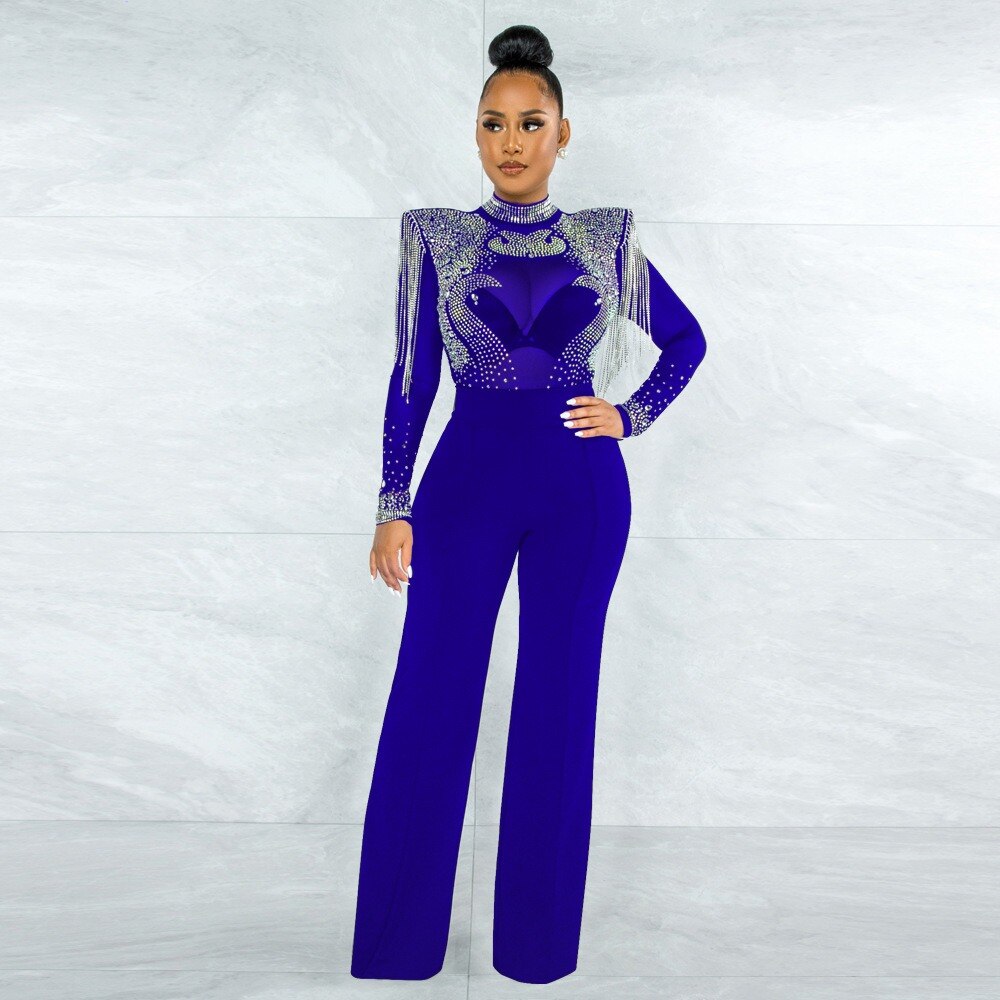 Women Sexy Romper Shining Embellished Rhinestones Luxury One Piece Jumpsuit Tassel Mesh See Through Transparent Night Club Party
