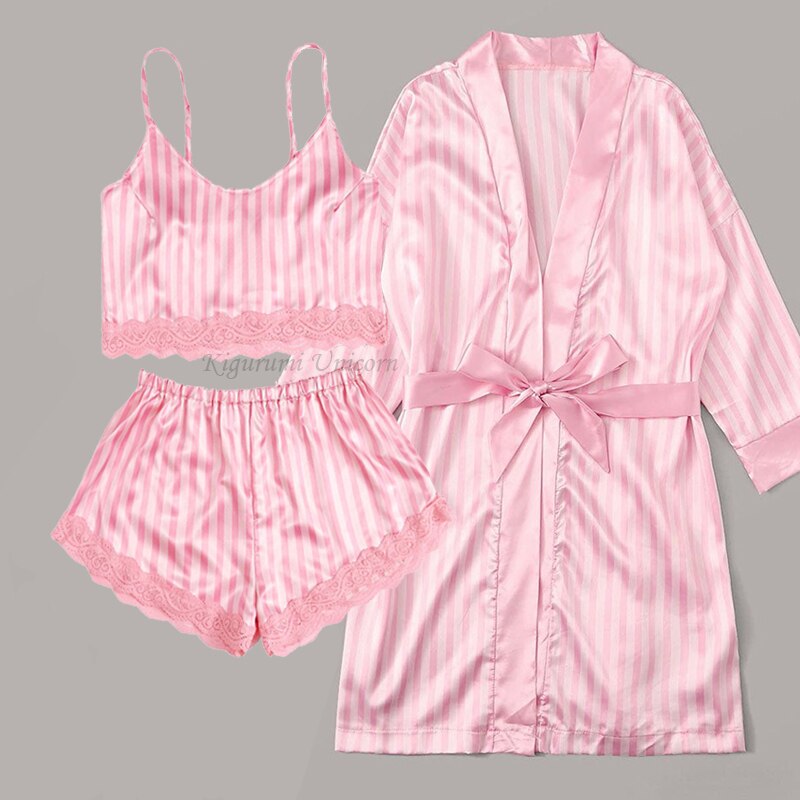 2022 New Robe Sets Pijamas Women Faux Silk Pajamas for Women Sexy Lace Hot V-neck Sleep wear Satin Summer Clothing Sets Homewear