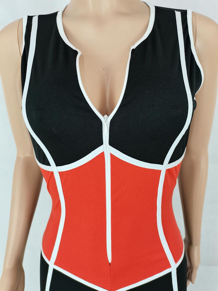 HAOYUAN Fashion Sport One Piece Jumpsuit Splicing Zip Up Sleeveless Bodycon Jump Suits Sexy Outfits for Women Rompers Wholesale