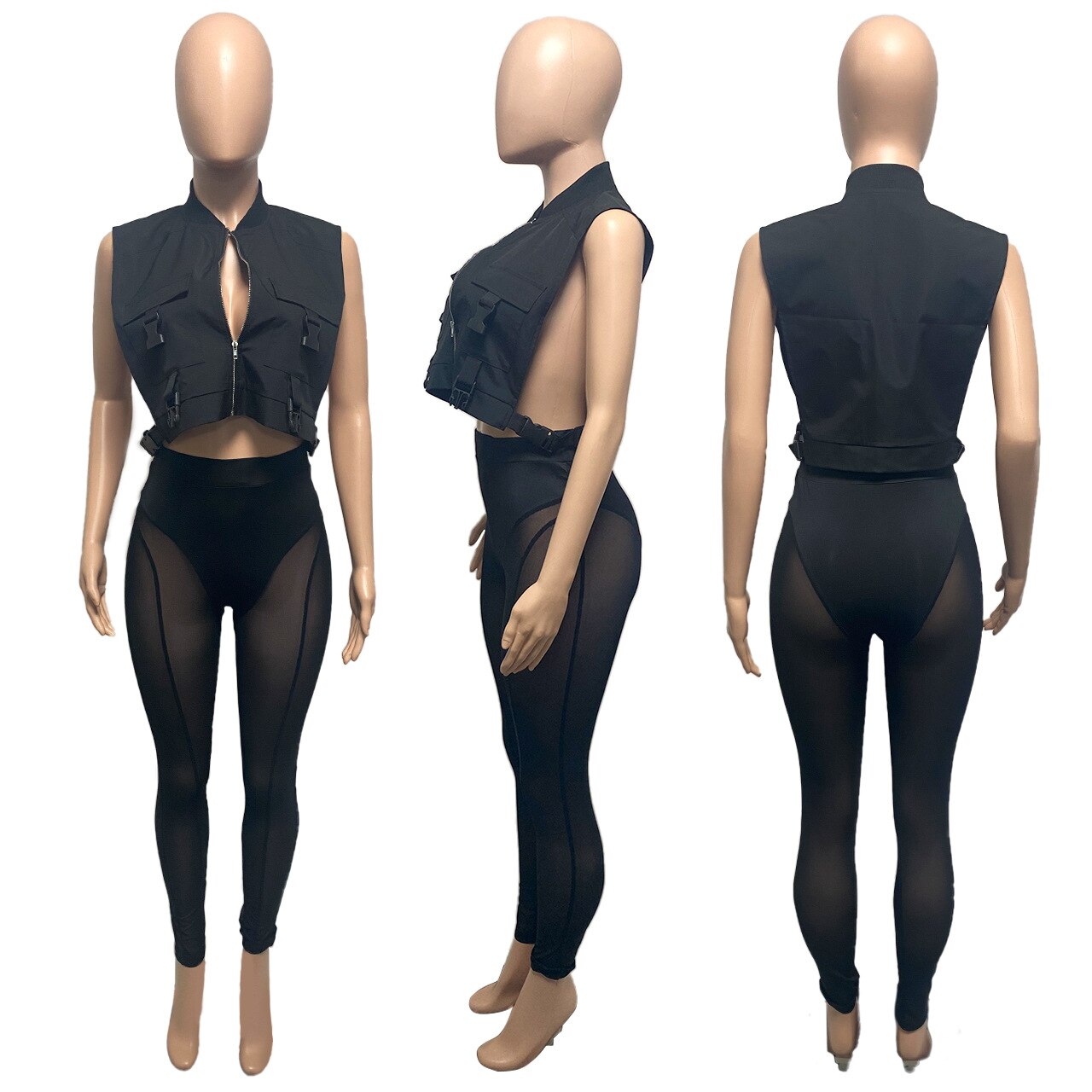 Fitness Sporty Two Piece Sets Women Summer Tracksuit Solid Zips Jackets Tops Sheer Mesh Leggings Pants Outfit Party Club Suits