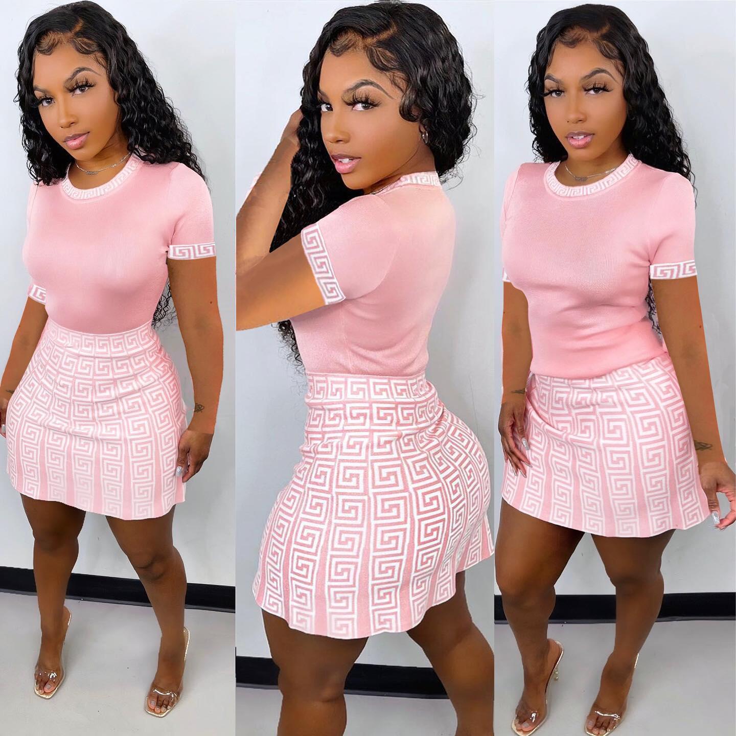 H.Y 2022 New Summer and Autumn Women's Fashion Sexy Striped Print Round Neck Skirt Short Sleeve T-shirt two-Piece Nightclub