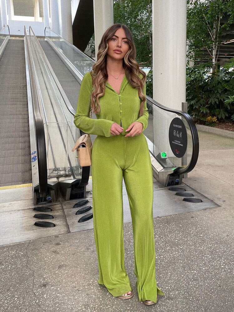 Women Pleated Sets Long Sleeve Blouse Two Piece Sets Casual Outifits Tracksuit Green Loose High Waist Wide Leg Pants Suits 2022