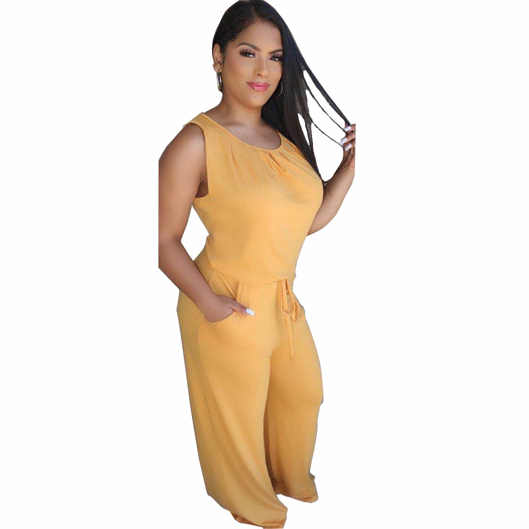 Echoine Solid Lounge Wear Sleeveless Tank Top Pleated Round Collar Tops Wide Leg Pants Pocket Two Piece Set Casual Loose Outfits