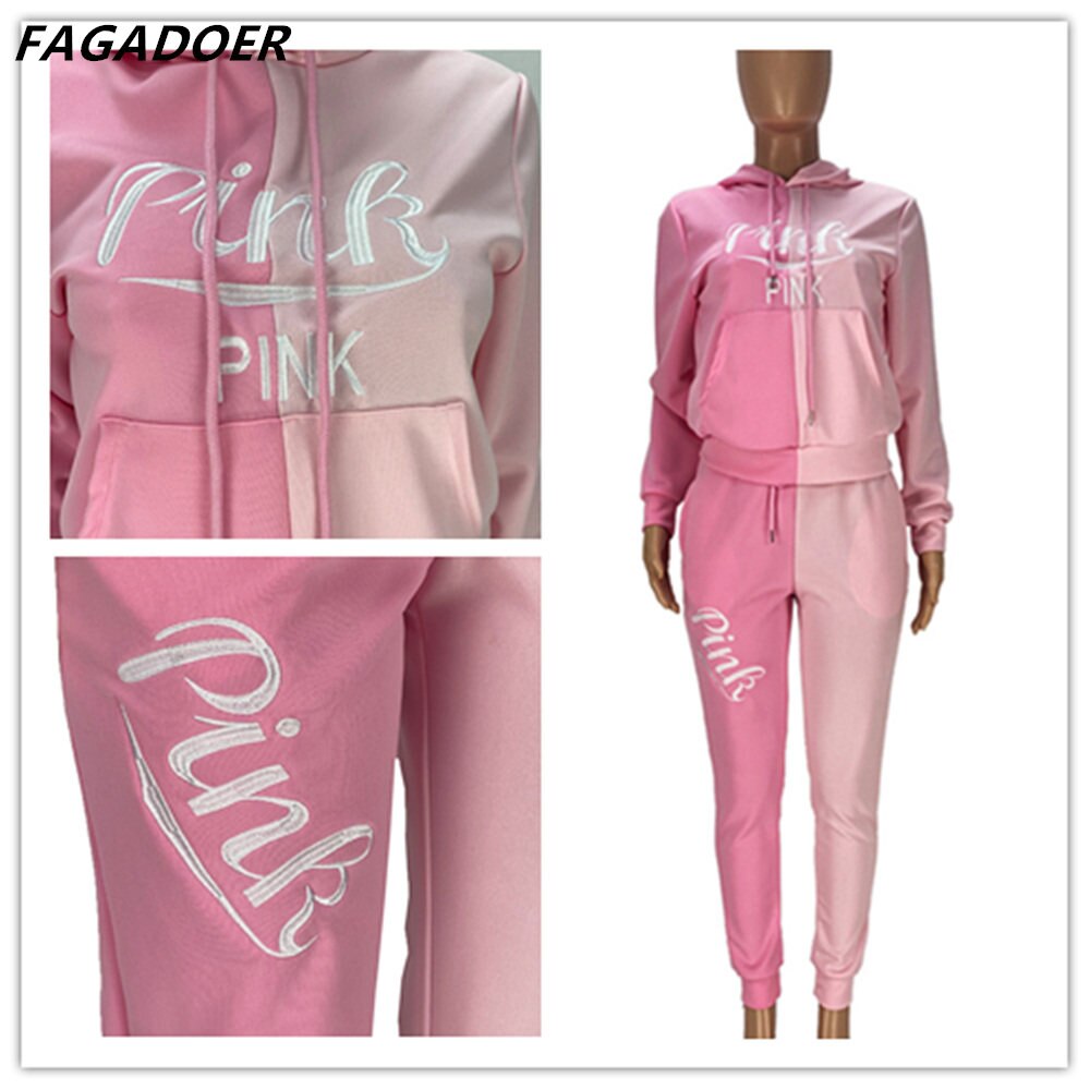 FAGADOER Autumn PINK Embroidery Two Piece Sets Tracksuit Women Outfits Patchwork Long Sleeve Sweatsuits Hoodies Pants Sets Suit