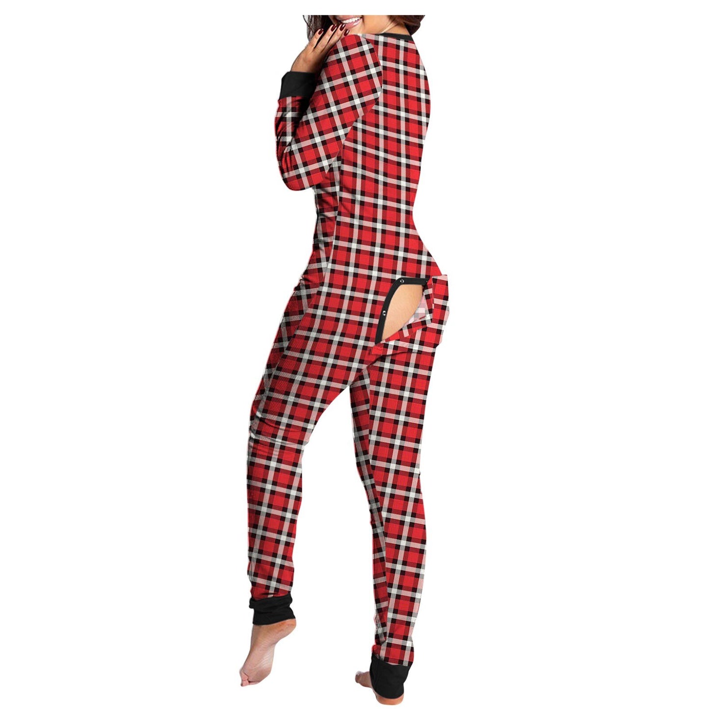 Onesie Plaid Print Button-down Front Functional V-neck Buttoned Flap Jumpsuit Combinaison Pyjama Femme Sexy