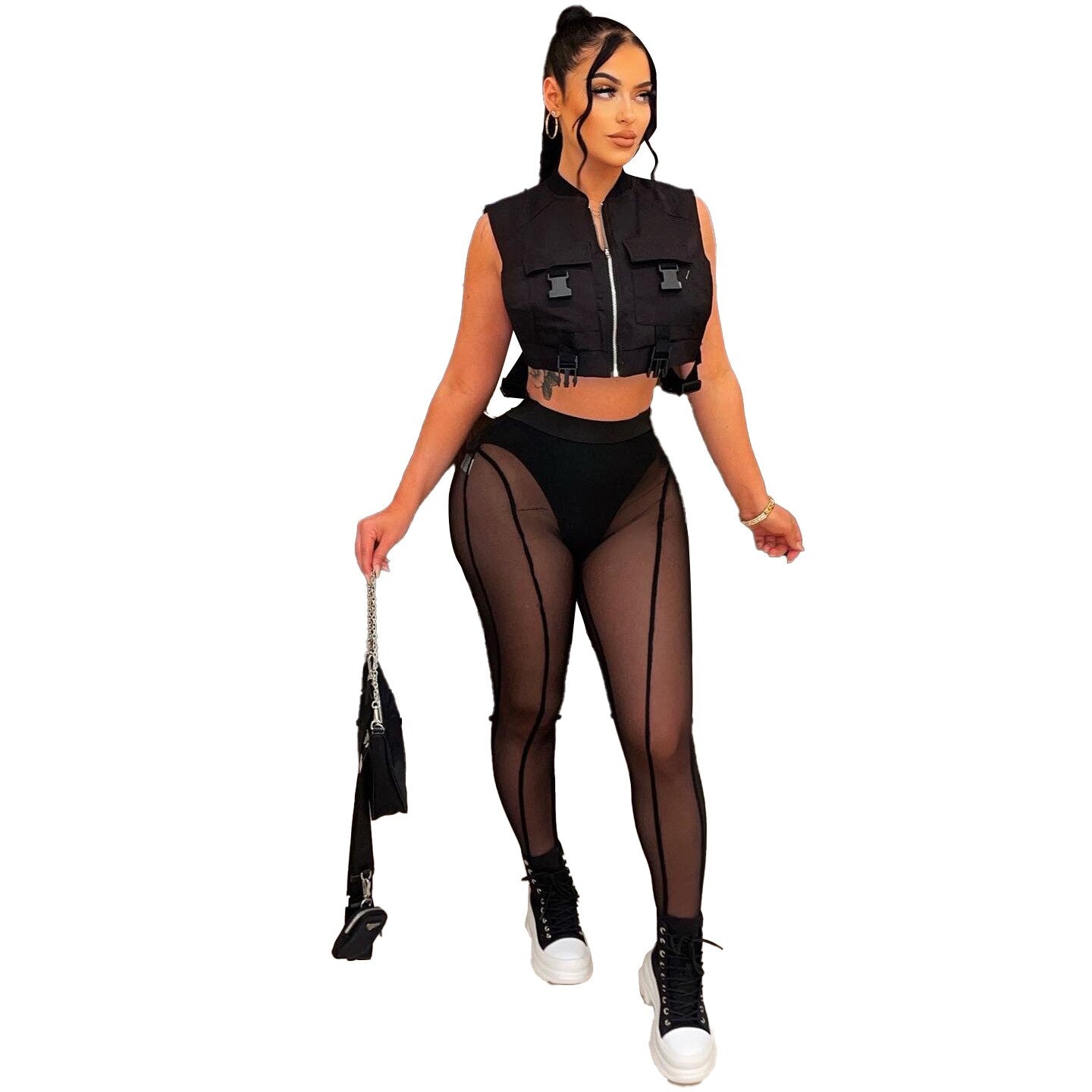 Fitness Sporty Two Piece Sets Women Summer Tracksuit Solid Zips Jackets Tops Sheer Mesh Leggings Pants Outfit Party Club Suits