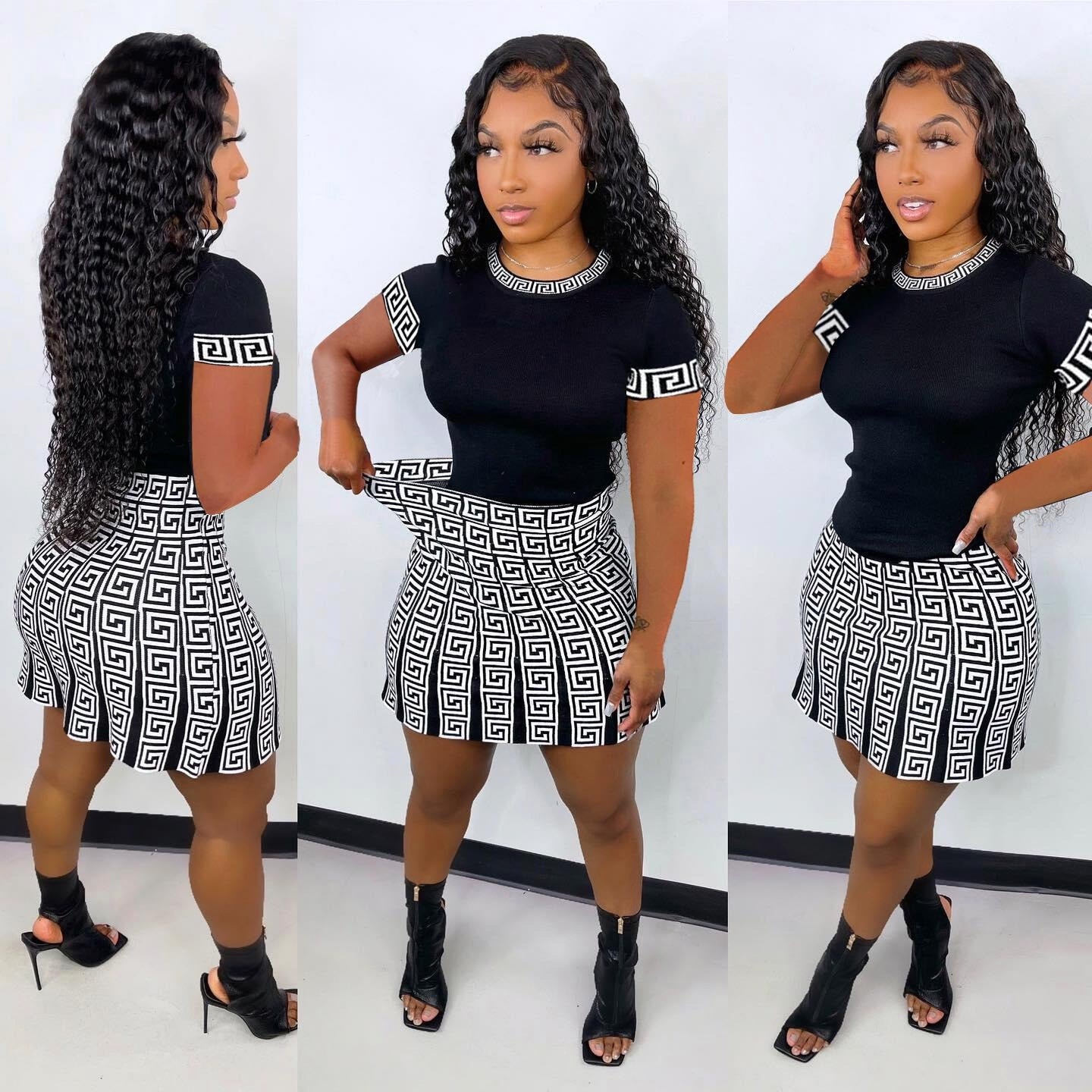 H.Y 2022 New Summer and Autumn Women's Fashion Sexy Striped Print Round Neck Skirt Short Sleeve T-shirt two-Piece Nightclub