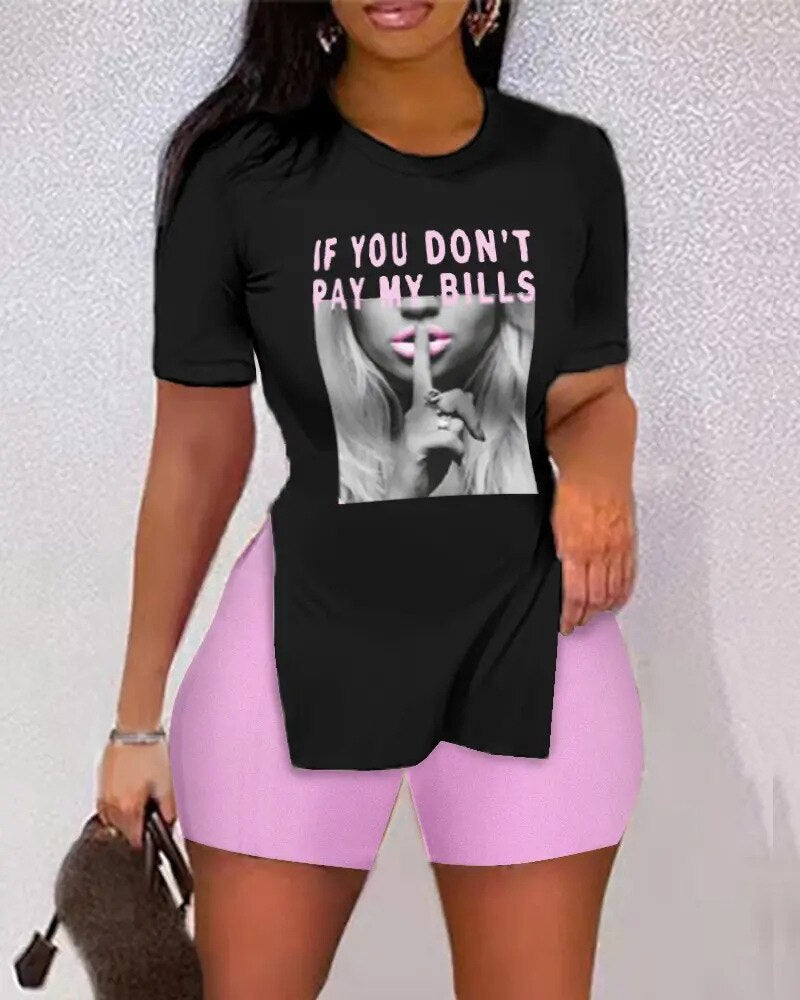 Women O Neck Letter Print Split Hem Short Sleeve Ladies Top &amp; Shorts Set Summer Casual Oversized Two Piece Suits