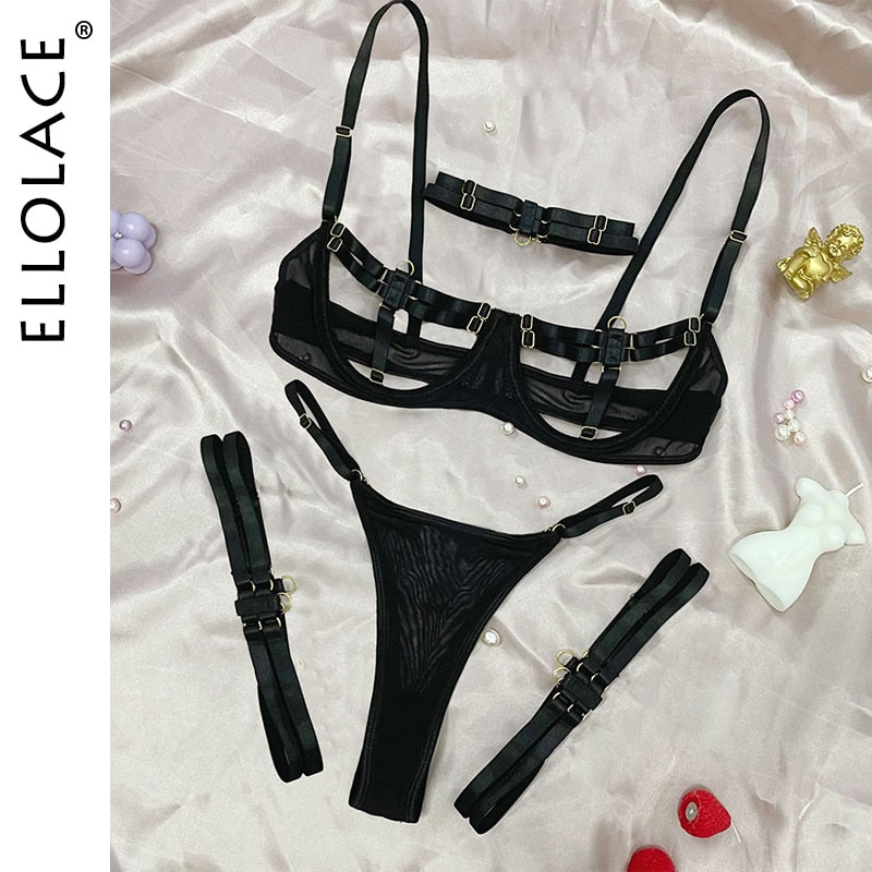 Ellolace Lingerie Sexy Hollow Out 4-Piece Exotic Costumes Sensual See Through Outfits For Woman Neon Green Porn Bottom Whore