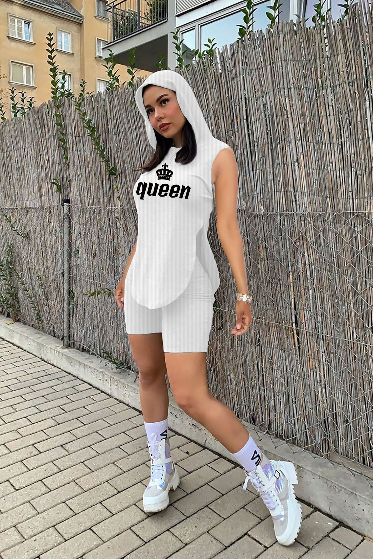 Women's Summer Casual Pit Strip Hood Two Piece Crew Neck Short Sleeve Top and Shorts Pants Printed Fashion Two Piece Set
