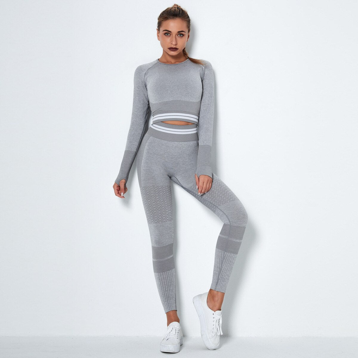LANSWE Sport Set Women Seamless Yoga Set Sports Long Sleeve Top Sports Top Gym Leggings Yoga Shorts 2 Piece Set Women Yoga Set