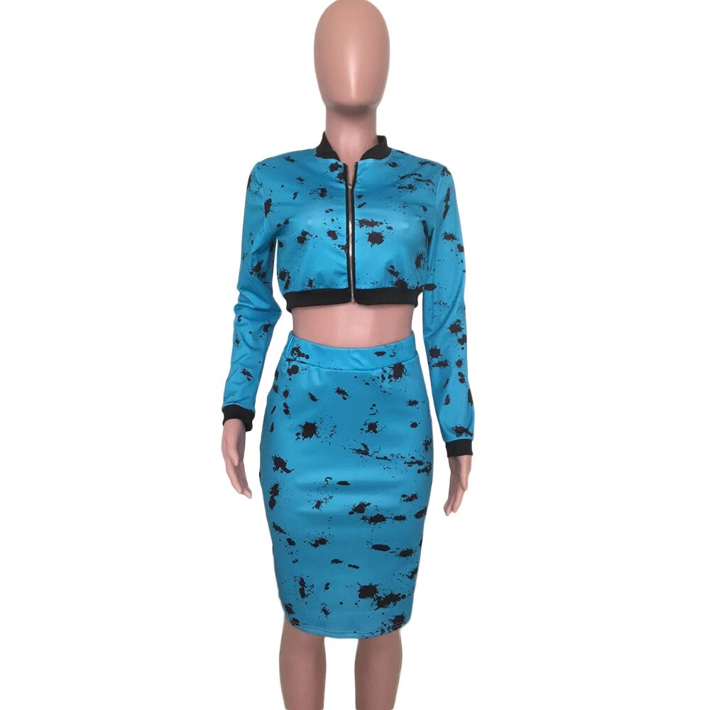 Women Crop Jacket and Midi Skirts Summer Outfit Camo Skirt 2 Peice Set Fashion Zipper V Neck Full Sleeve Crop Top Skirt Sets