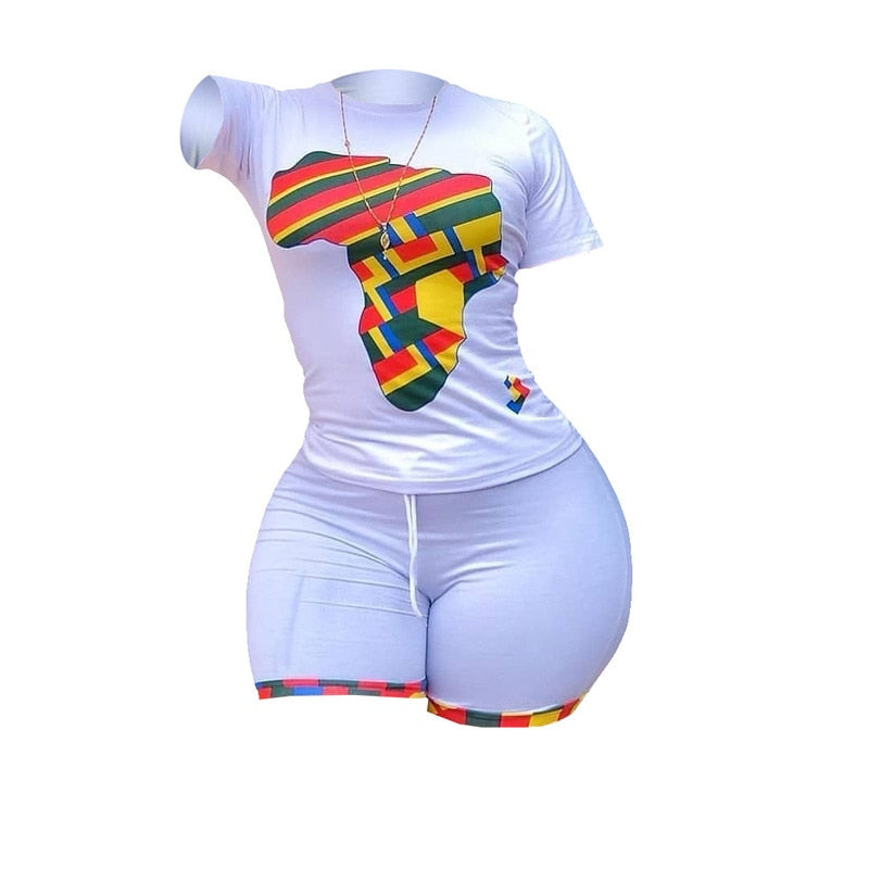 Summer 2 Piece Matching Set Women Tracksuit Map Print Short Sleeve Slim Fit Top Bodycon Short Sweat Suit Lounge Wear Outfits