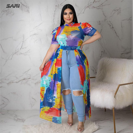 Plus Size Women Elegant Dress Printed Short Sleeve Shirt Summer Mesh Perspective Split Hollow Long Skirt Beach Vacation Clothing