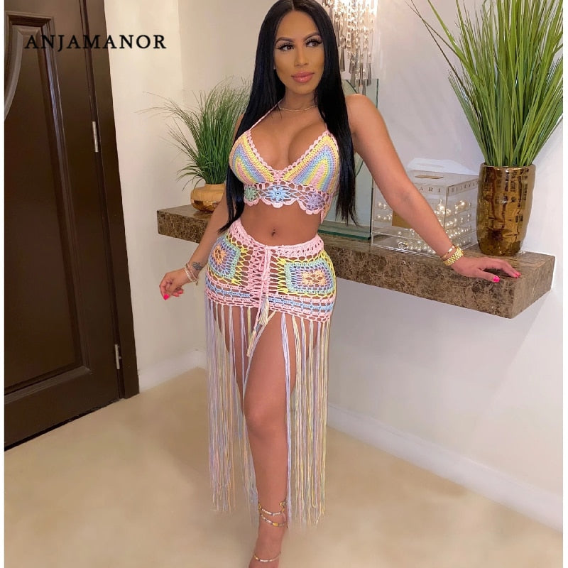 ANJAMANOR Sexy Crochet Tassel Two Piece Skirt Set Beach Dress Suit Summer Outfit Womens 2022 2 Piece Matching Sets D48-EG26