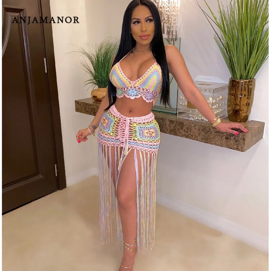 ANJAMANOR Sexy Crochet Tassel Two Piece Skirt Set Beach Dress Suit Summer Outfit Womens 2022 2 Piece Matching Sets D48-EG26