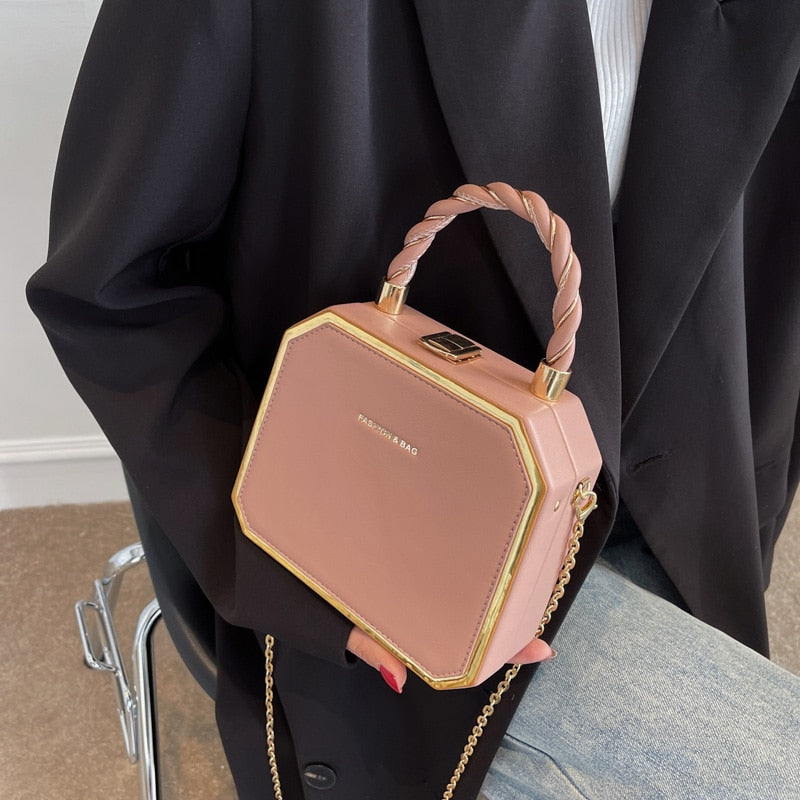 Hard Box Shape PU Leather Crossbody Bag with Short Rope Handle for Women 2022 Shoulder Handbags and Purses Lady Travel Cute Tote