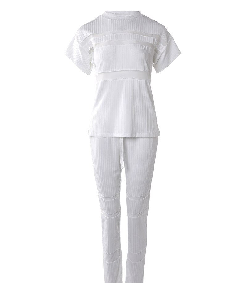 Summer Women Fashion Short Sleeve Two Piece Suit Sets Round Neck Ribbed Contrast Mesh Top &amp; Drawstring Pants Set