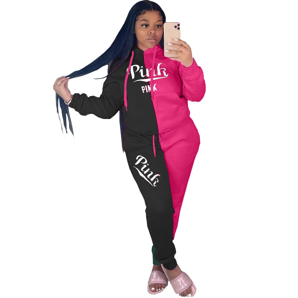 FAGADOER Autumn PINK Embroidery Two Piece Sets Tracksuit Women Outfits Patchwork Long Sleeve Sweatsuits Hoodies Pants Sets Suit