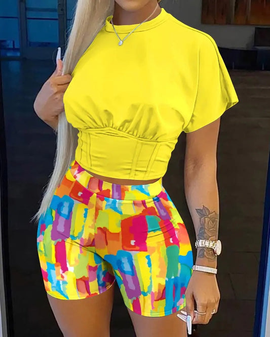 Summer Street Two Piece Set Women Streetwear Outfits Print Tshirt Biker Shorts sets Female Two Piece Suit Women Matching Sets