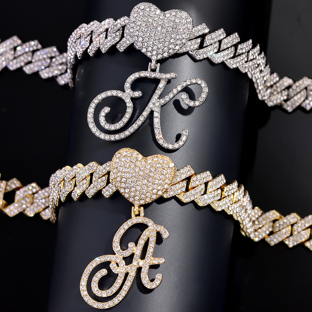 New A-Z Cursive Letter Initial Heart Cuban Anklets For Women Hip Hop Bling Rhinestone Cuban Chain Anklet Bracelet Foot Jewelry