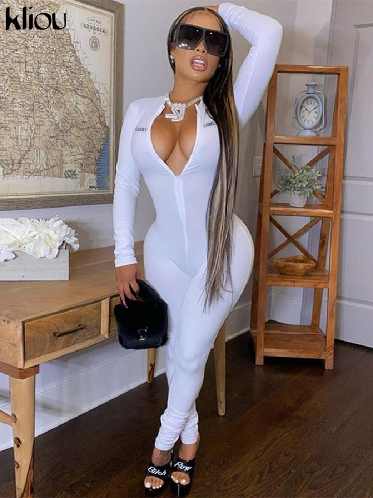 Kliou Letter Embroidery Solid Stacked Zipper Jumpsuits Women Autumn Rompers V-neck High Waist Elastic Female Sporty Streetwear