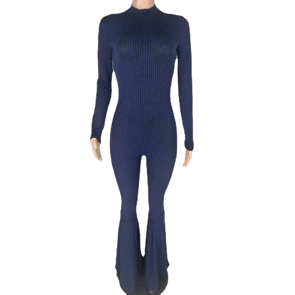Bling Lurex Sexy Bell Bottom Bodysuit Long Sleeve Striped Flare Jumpsuit Party Night Club Ladies One Piece Bodycon Bodysuit