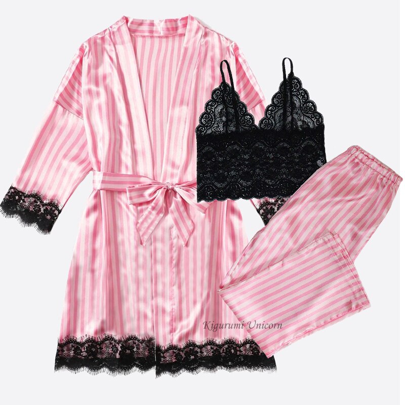 2022 New Robe Sets Pijamas Women Faux Silk Pajamas for Women Sexy Lace Hot V-neck Sleep wear Satin Summer Clothing Sets Homewear
