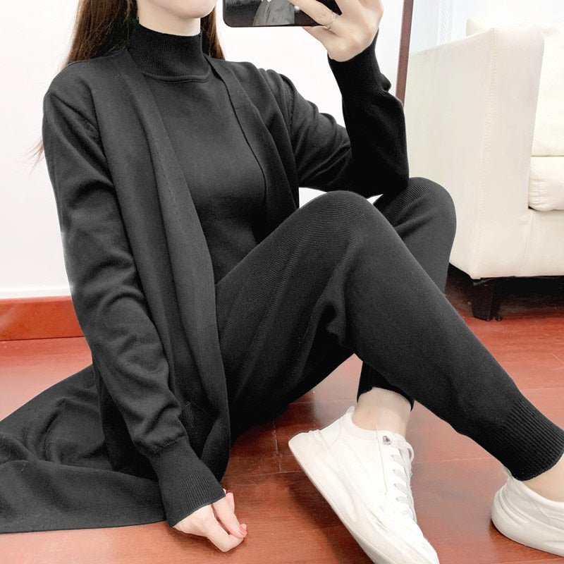 Women Sweater 3 Piece Set Tracksuit 2022 spring Autumn Long Cardigan Coat + Half Turtleneck Vest + Pants Knitted Suits Outfits