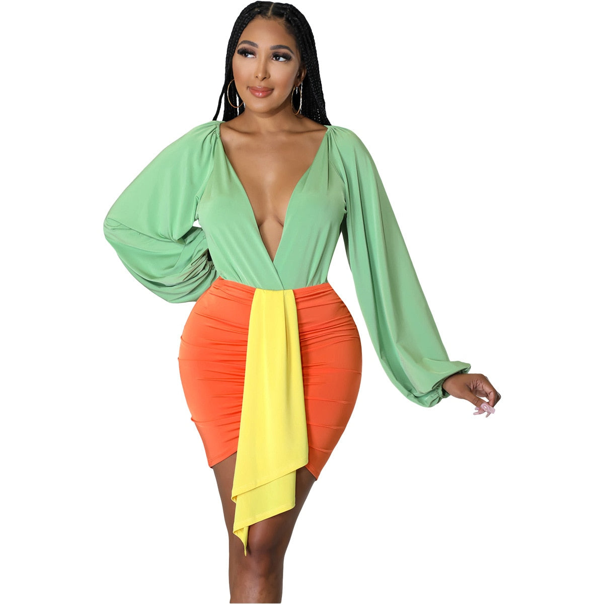 Autumn 2 Piece Skirt Suits for Women Sexy Deep V-neck Long Sleeve Bodysuit+Ruched Bodycon Short Skirts Set Club Party Outifits