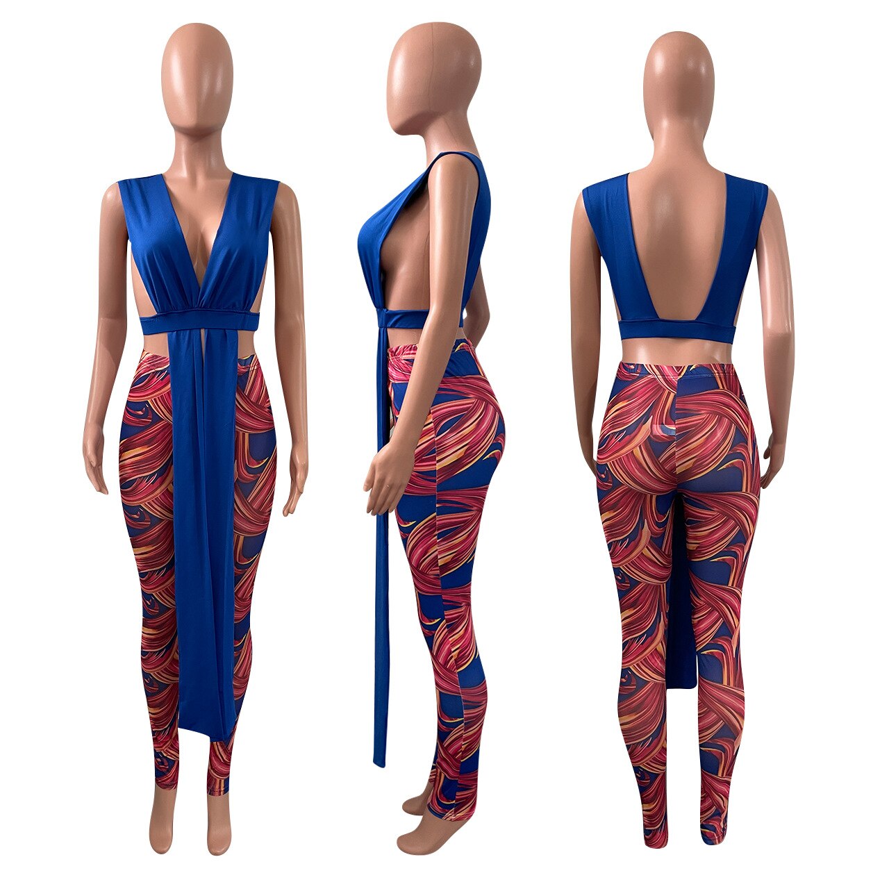 Sexy Strap Crop Top 2 Piece Sets Women Printed Mesh Long Pants and Sleeveless Backless Crop Top Summer Party Night Clubwear 2022