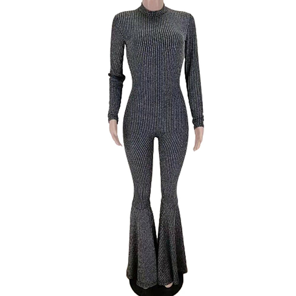Bling Lurex Sexy Bell Bottom Bodysuit Long Sleeve Striped Flare Jumpsuit Party Night Club Ladies One Piece Bodycon Bodysuit