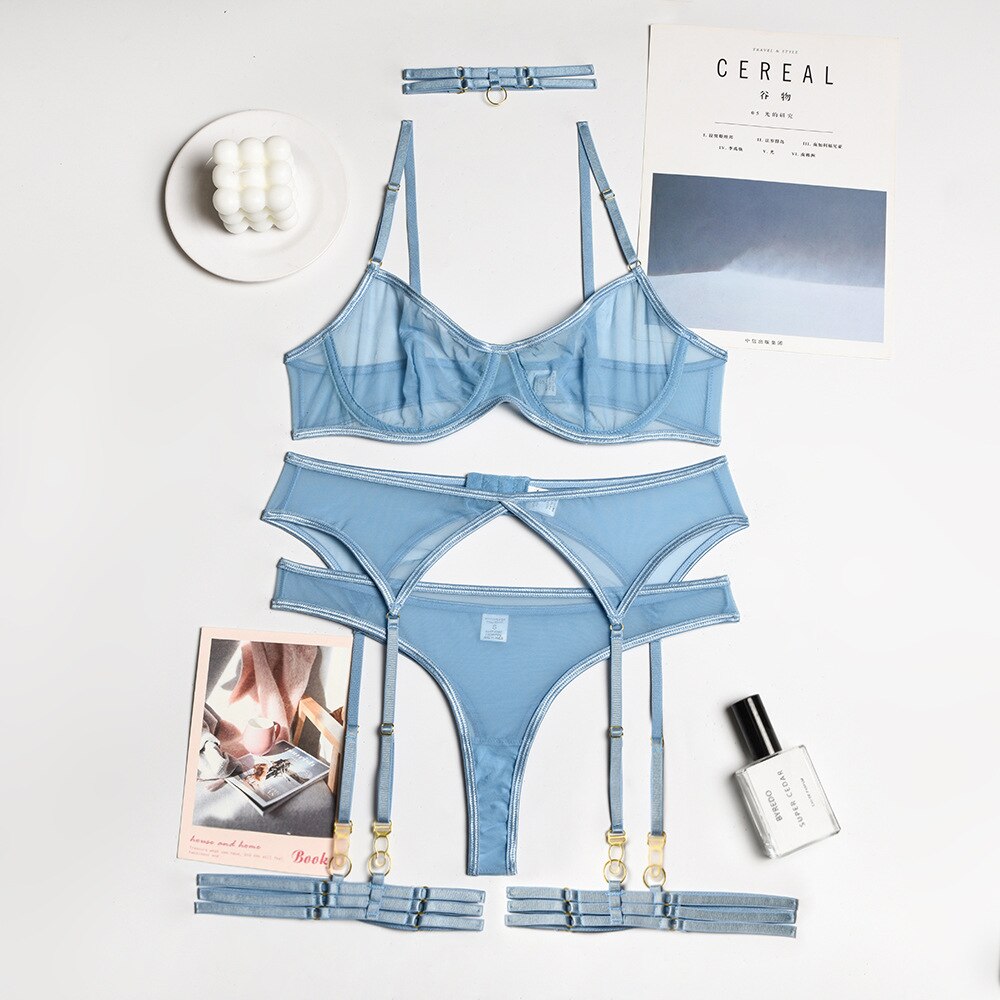 MIRABELLE Sensual Lingerie See Through Set Woman 4-Pieces Erotic Intimate Seamless Underwear Lace Bra and Panty Set Exotic Sets