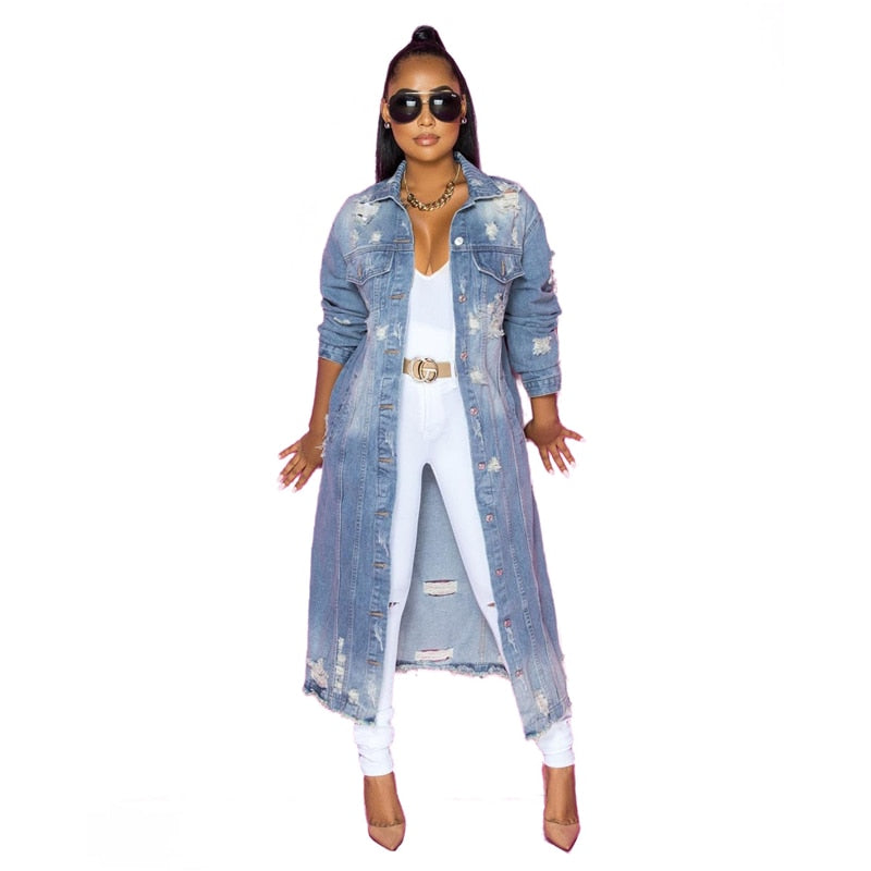 2021 New Arrive Fashion Sexy Hole Cotton Long Denim Jacket Trench Coat Cardigan Jeans Cape for Women Loose Long Sleeve Coat Ddlg