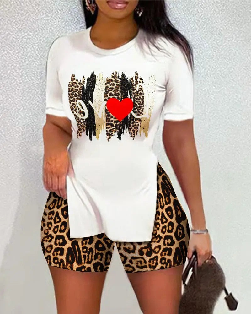 Women O Neck Letter Print Split Hem Short Sleeve Ladies Top &amp; Shorts Set Summer Casual Oversized Two Piece Suits