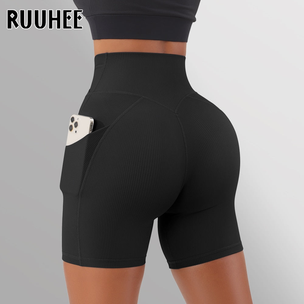 RUUHEE Leggings Women High Waist Yoga Sport Shorts Biker Shorts Women Sports Leggings For Fitness Cross Waist Pocket Yoga Pant