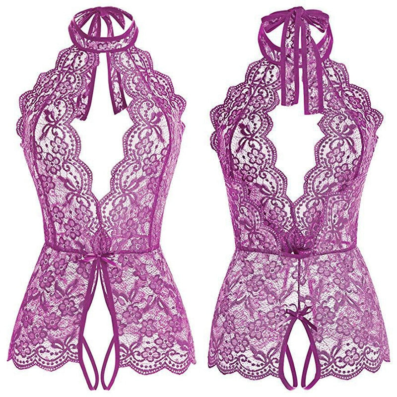 2022 Sexy Lingerie For Woman Lace Transparent Bra Crotchless Bodysuit Female Erotic Costume Sexy Deep V Neck Teddy Underwear Set