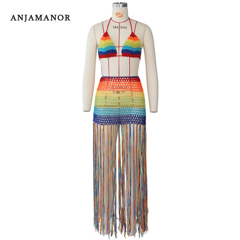 ANJAMANOR Rainbow Crochet Tassel Sexy 2 Piece Set Crop Top and Skirt Beach Party Club Birthday Outfits for Women D48-DF23