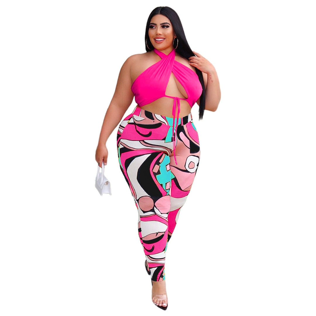 5xl Summer Outfits Sexy Lace Up Top Print Sweatpants Hollow Out Plus Size Two Piece Sets Women Clothing Wholesale Dropshipping