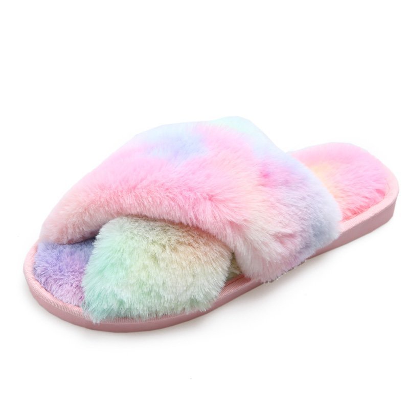 Winter Mixed-Color House Women Fur Slippers Rainbow Color Bedroom Girls Plush Shoes Open Toe Indoor Ladies Furry Slippers