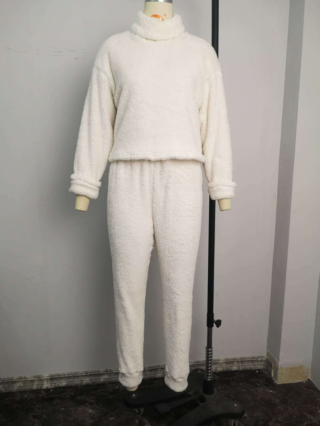 Women Two Piece Outfits Loose Casual Clothes Winter Plush Solid Color Turtleneck Sweater High Waist Elastic Waist Trousers Suit