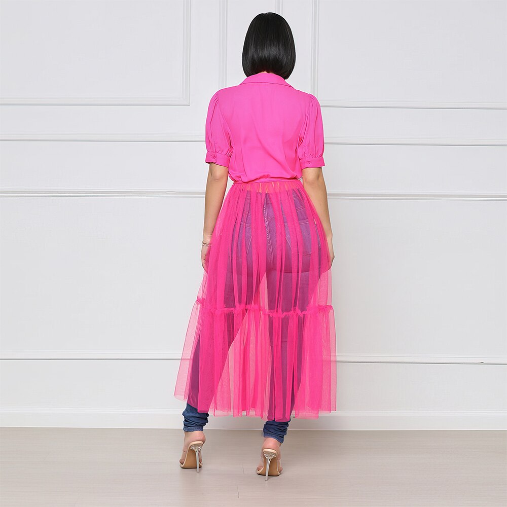 OLOMLB Summer Women's  Elegant Dresses Mesh Perspective Solid Color Party  Evening Dress Woman Shirt Dress