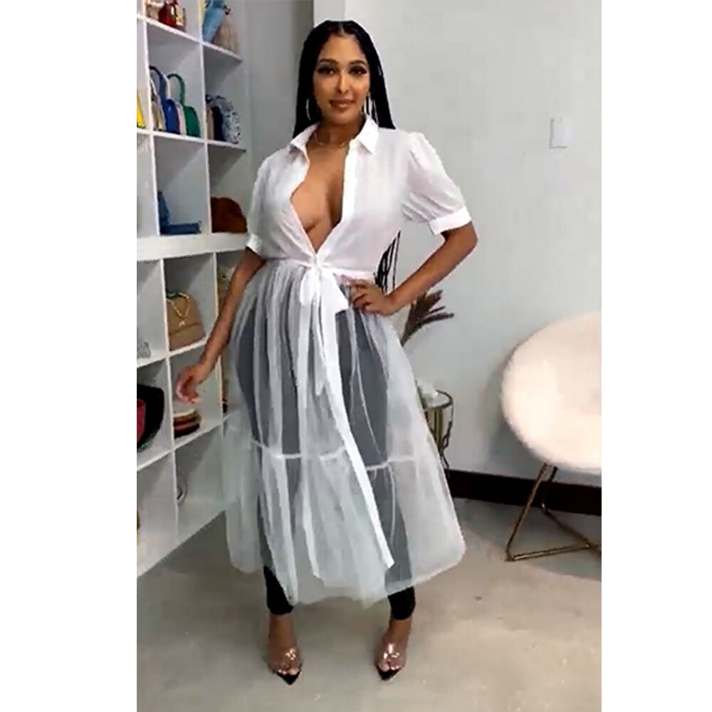 OLOMLB Summer Women's  Elegant Dresses Mesh Perspective Solid Color Party  Evening Dress Woman Shirt Dress