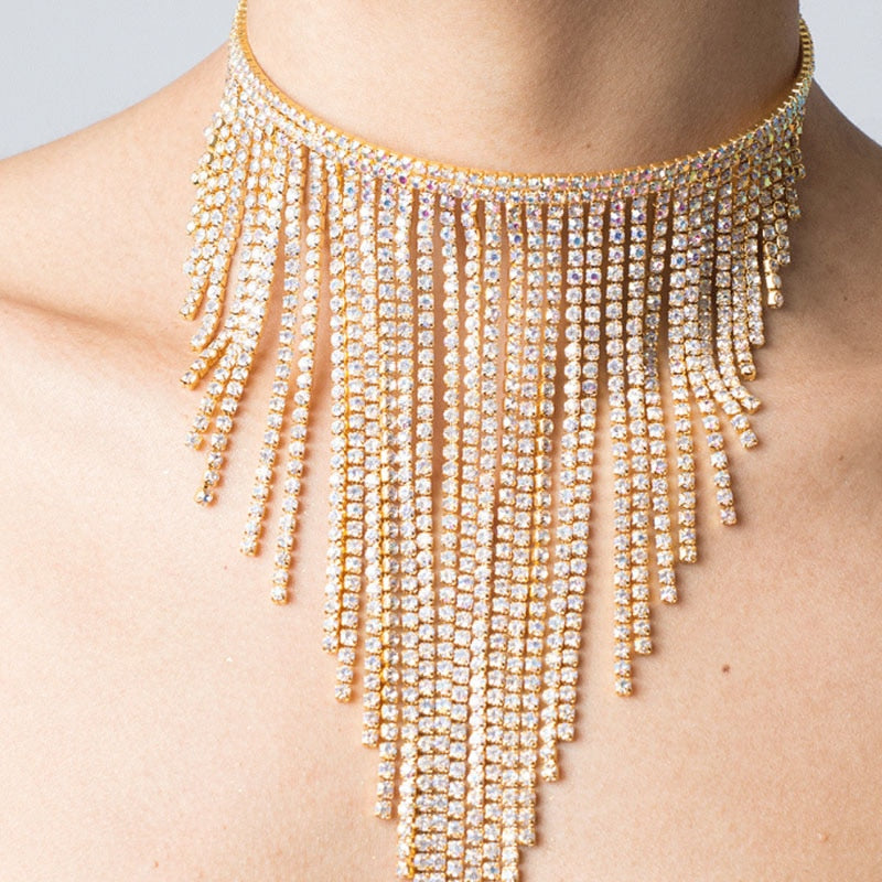 Stonefans Ethnic Long Tassel Choker Necklace Rhinestone Jewelry for Women Bohemian Geometric Crystal Statement Necklace Collar