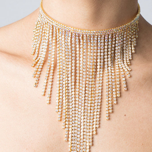 Stonefans Ethnic Long Tassel Choker Necklace Rhinestone Jewelry for Women Bohemian Geometric Crystal Statement Necklace Collar