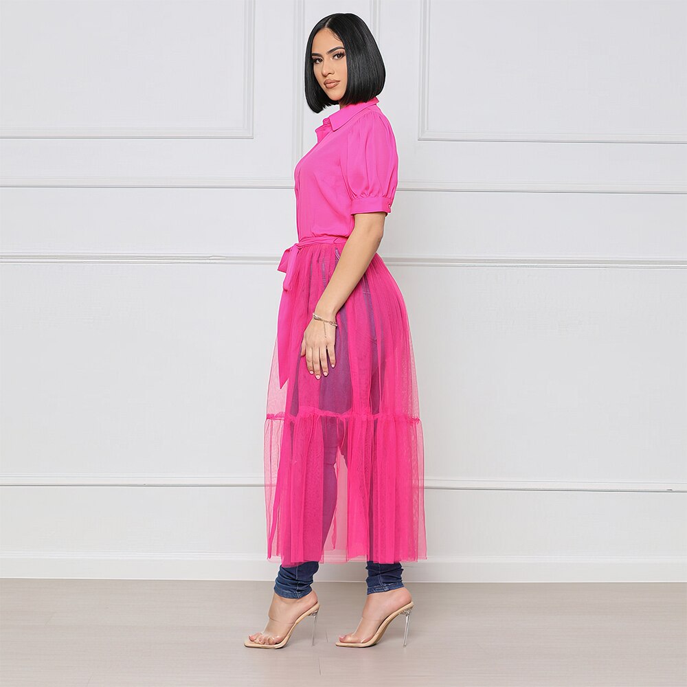 OLOMLB Summer Women's  Elegant Dresses Mesh Perspective Solid Color Party  Evening Dress Woman Shirt Dress